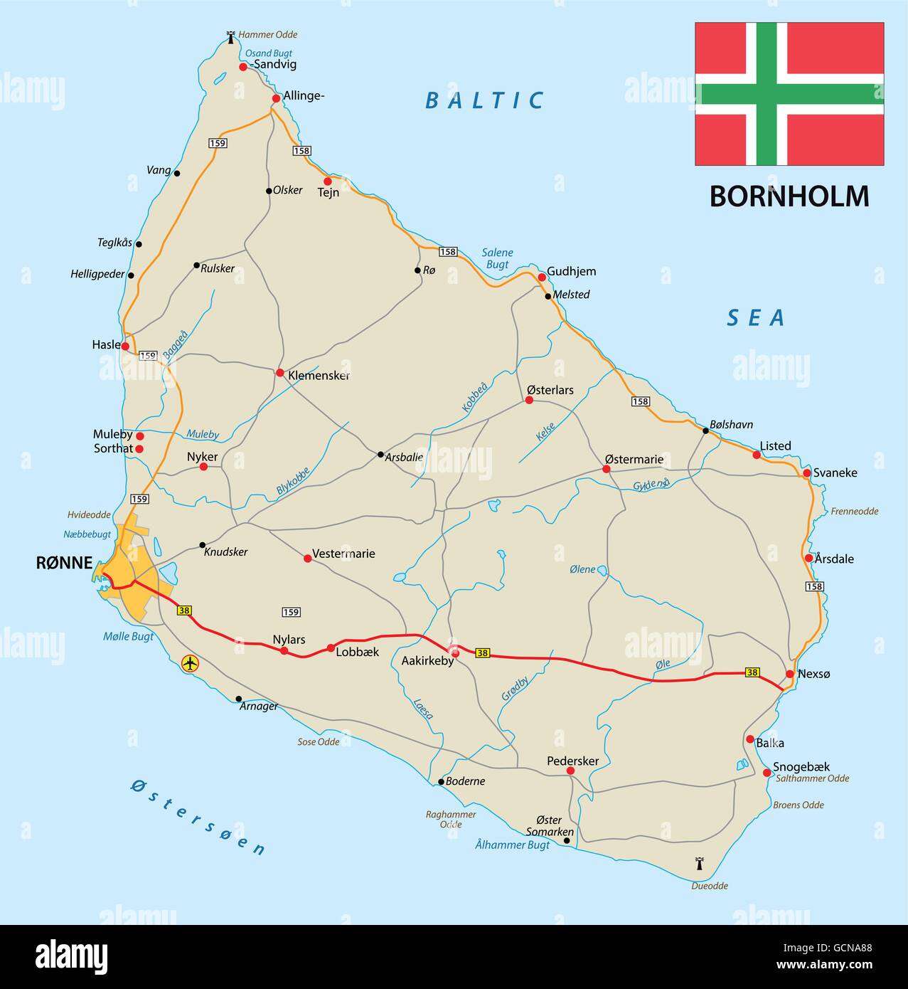 vector road map of the Danish Iseland bornholm in the Baltic sea with flag Stock Vector