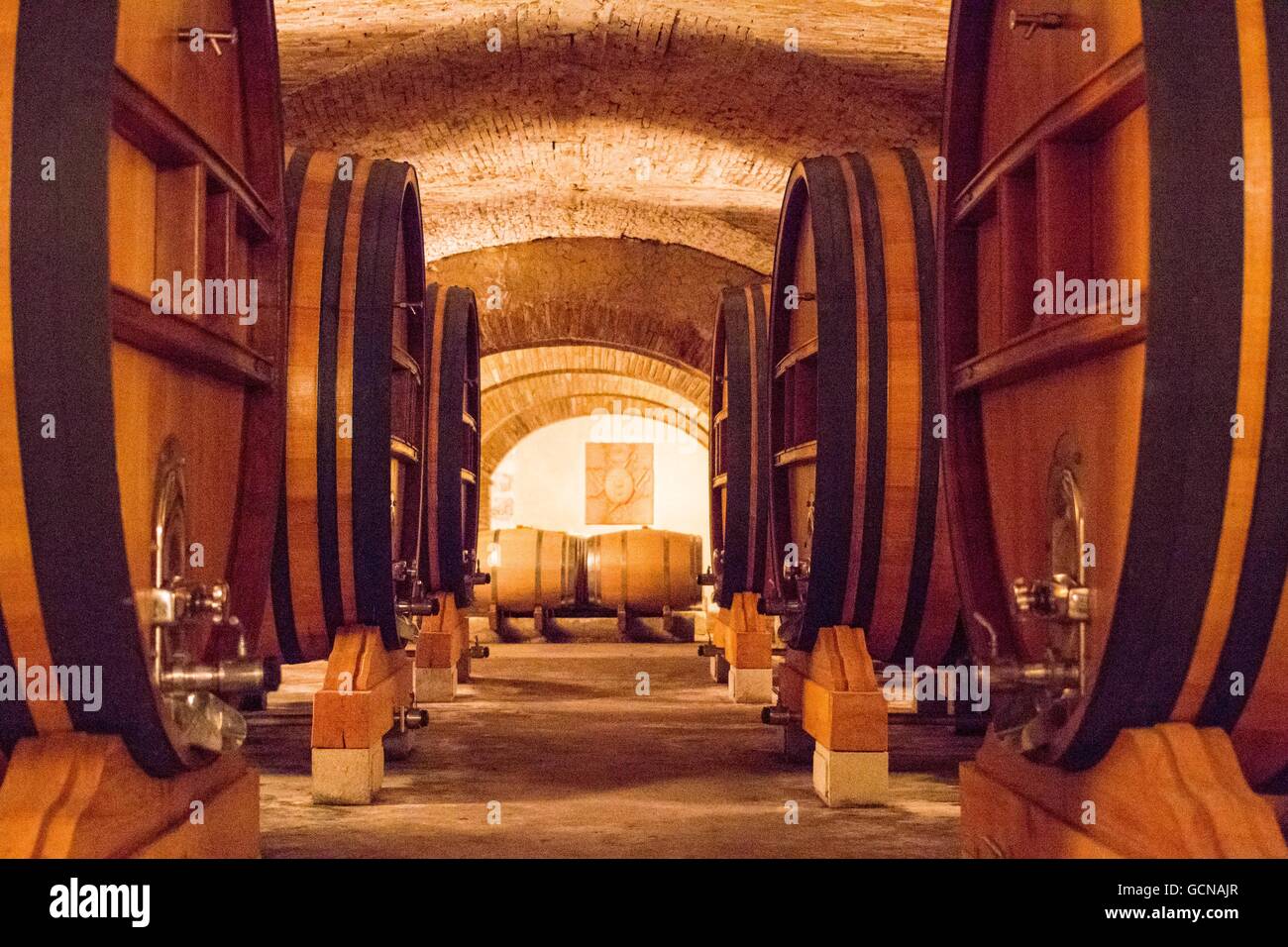 Winery cellar with special edition wine waiting in barrels for a few years until it is ready at Chateau la Nerthe. Stock Photo