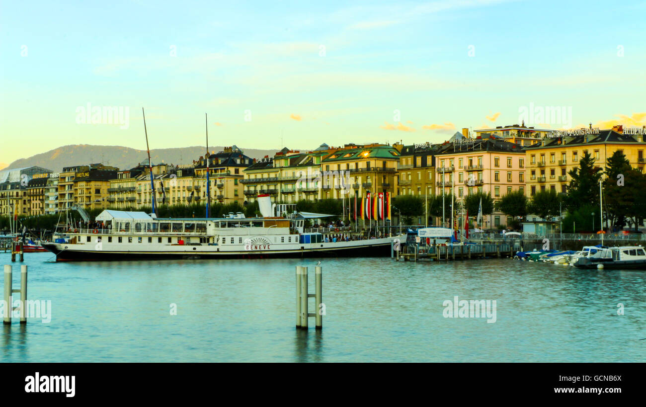 Great view during blue sky day of the Rive Gauche or Eaux-Vives neighbourhood in Geneva, Swizerland Stock Photo