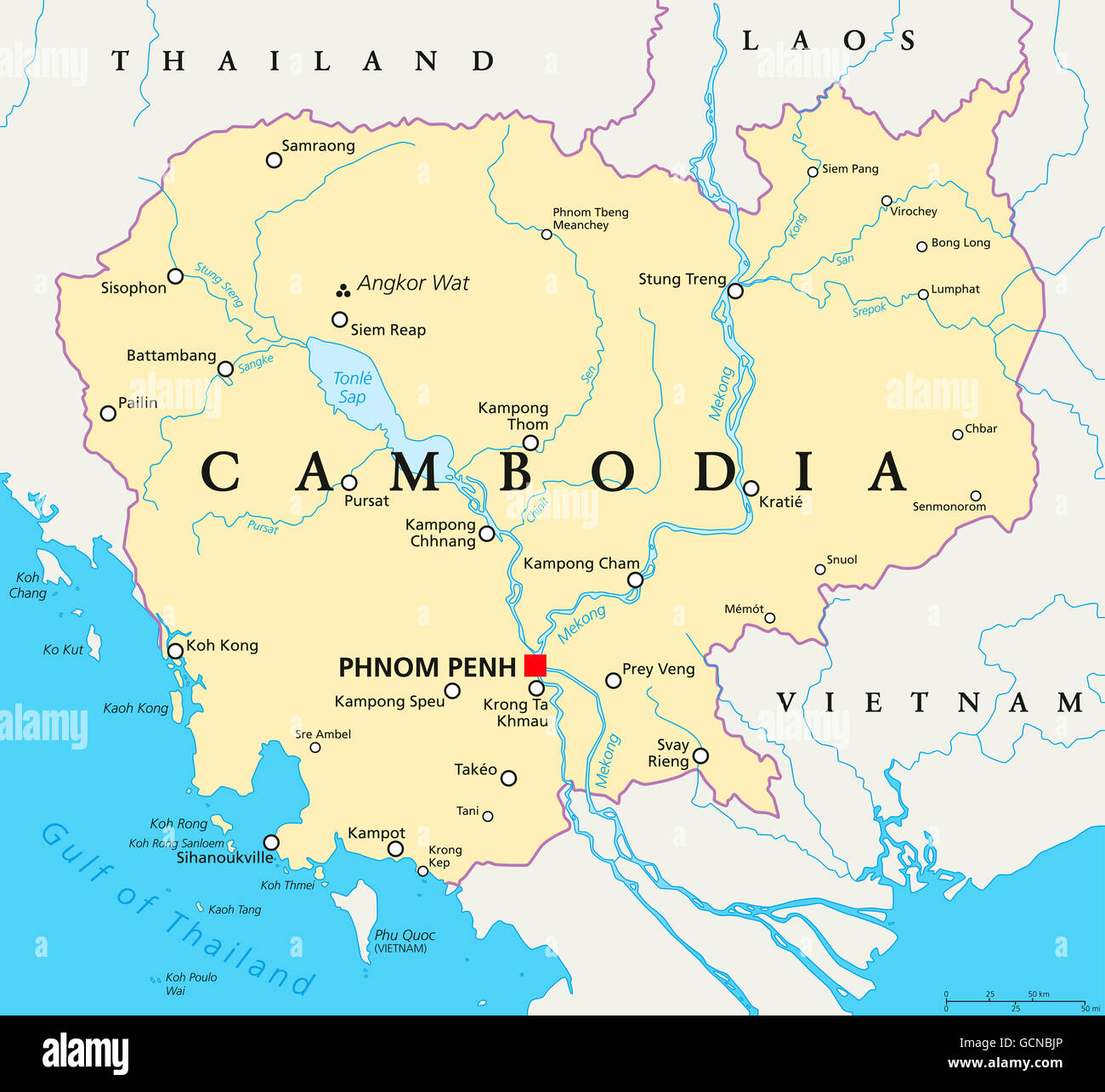 Cambodia political map with capital Phnom Penh, national borders, important cities, rivers and lakes. Kingdom in Indochina. Stock Photo