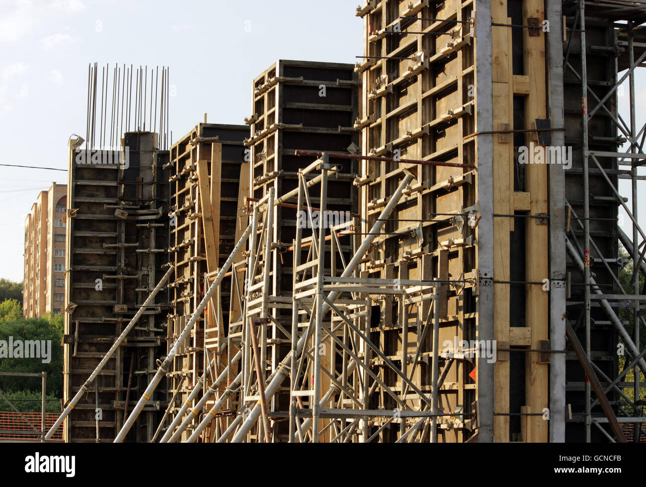 inventory formwork for reinforced concrete  the construction of the bridge supports on the transport interchange Stock Photo