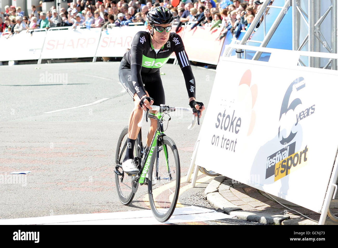 Team Sky's Bradley Wiggins finishes stage two of the Tour of Britain around Stoke-On-Trent, Staffordshire. Stock Photo