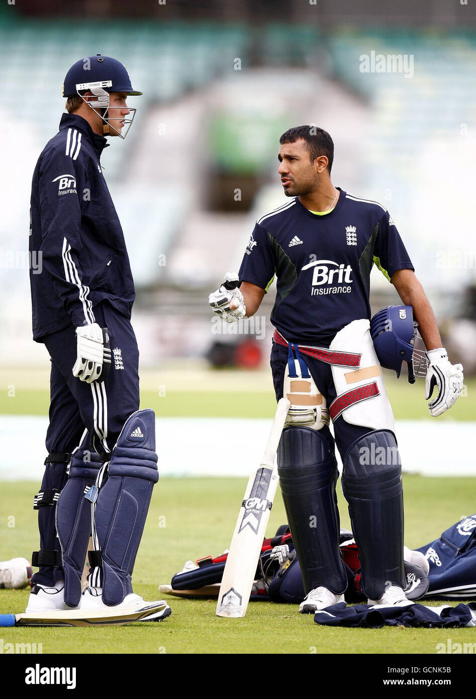 England's Stuart Broad (left) and Ravi Bopara during a nets session at the Brit Insurance Oval, London. Stock Photo