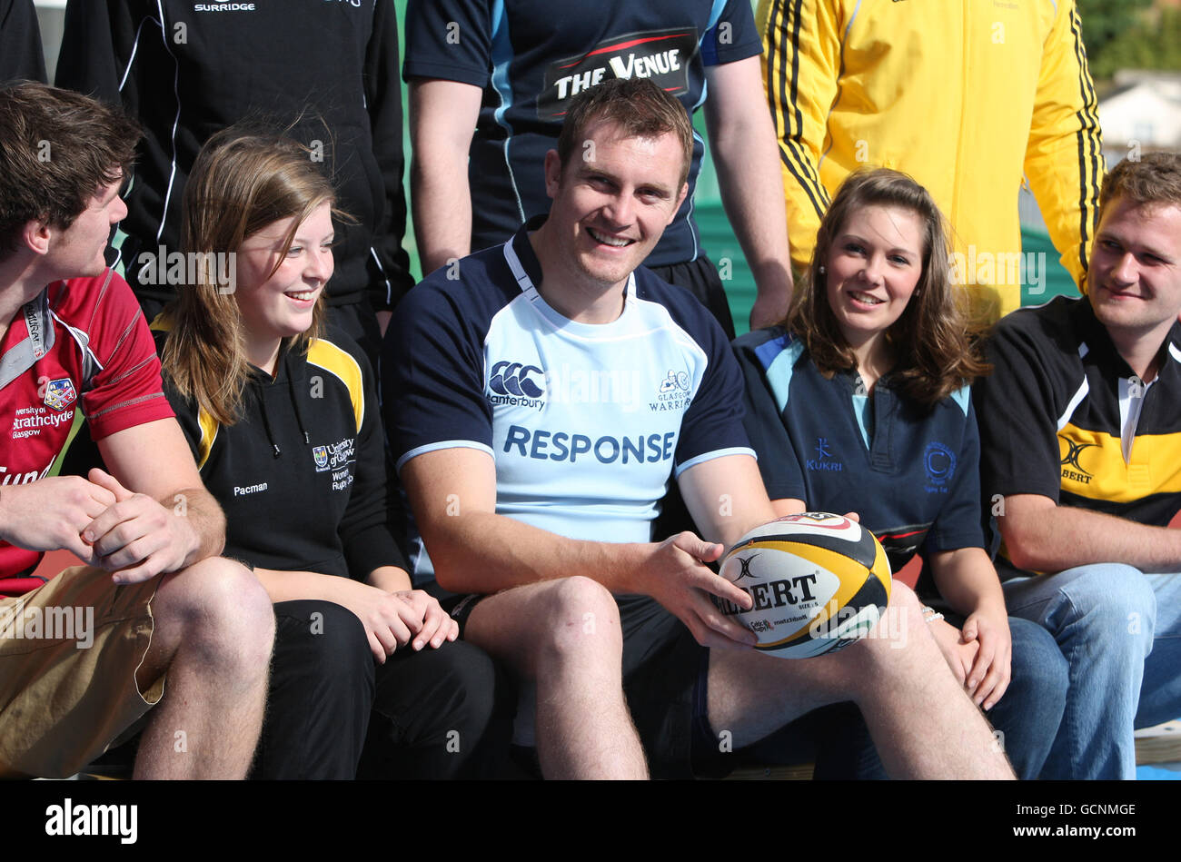 Glasgow Warriors rugby player Alastair Kellock with rugby captains from the women and mens sides from universities based in Glasgow during a media session at Scostoun Sports Campus, Glasgow. Stock Photo