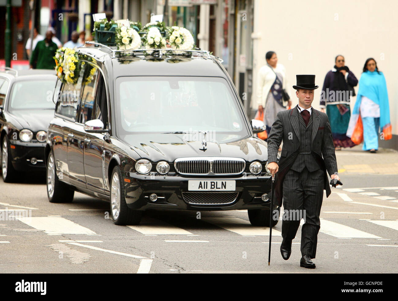 The funeral cortege for Lance Sergeant Dale McCallum, 31, of 1st Battalion Scots Guards, arrives at the New Testament Church of God, in Willesden, north London. Stock Photo
