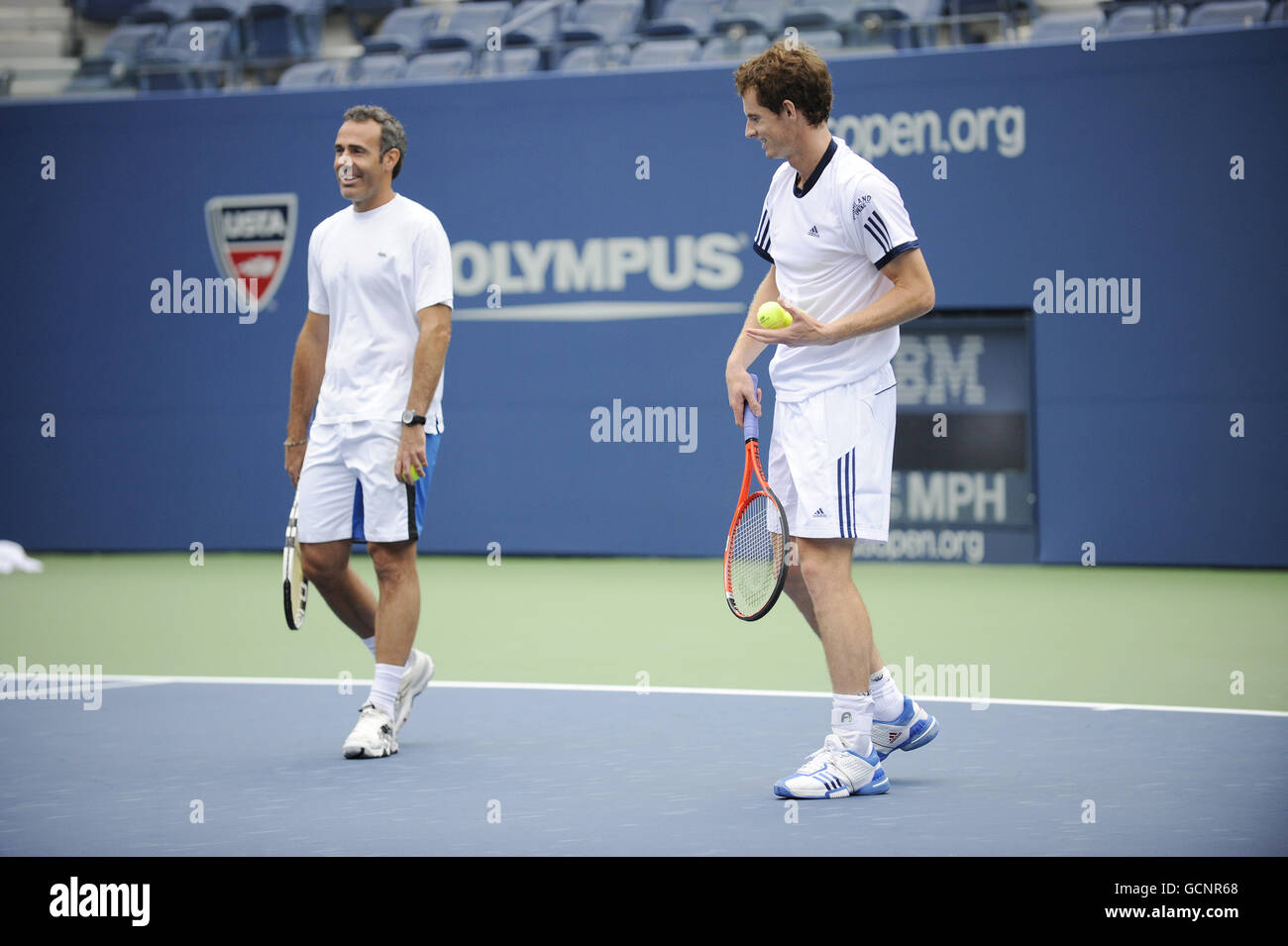 EXCLUSIVE. Andy Murray and Spanish coach Alex Corretja (left) during a practice session at Flushing Meadows prior to the US Open 2010 in New York City Stock Photo