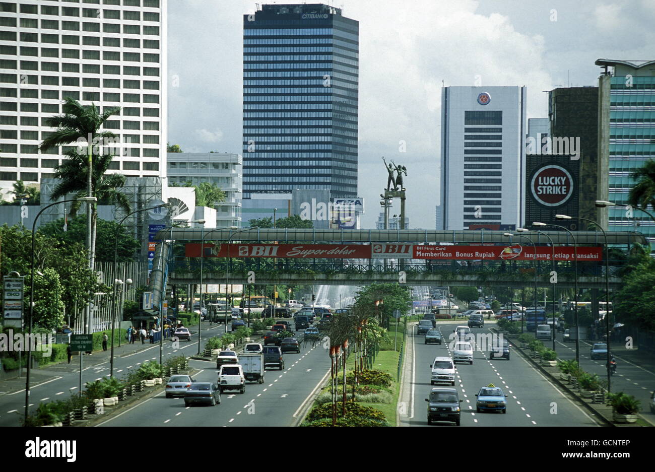 the skyline of the city centre of Jakarta in Indonesia in Southeastasia