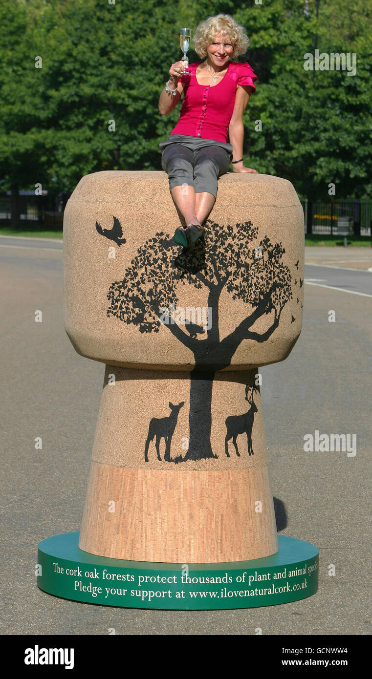 Wine critic Jilly Goolden poses with one of the world's largest corks, created for the I Love Natural Cork campaign, at Speaker's Corner in London's Hyde Park today. Stock Photo