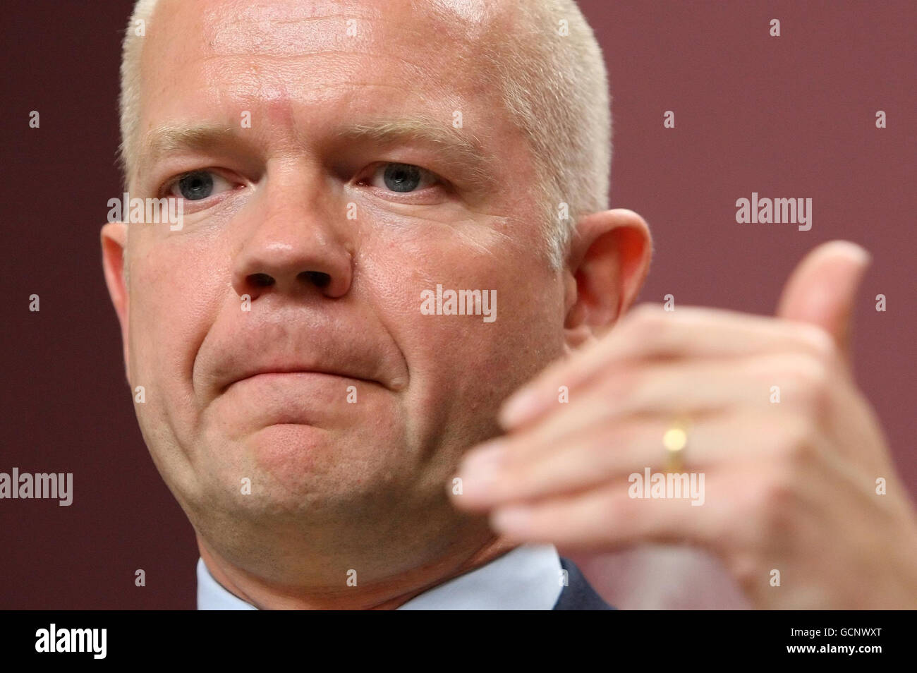 Foreign Secretary William Hague speaks at a joint press conference with German Foreign Minister Guido Westerwelle, at the Foreign Office in Westminster, central London. Stock Photo