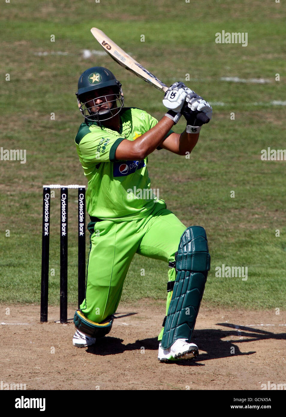 Pakistan opener Shahzaib Hasan bats during his century during a tour match at The County Ground, Taunton, Somerset. Stock Photo