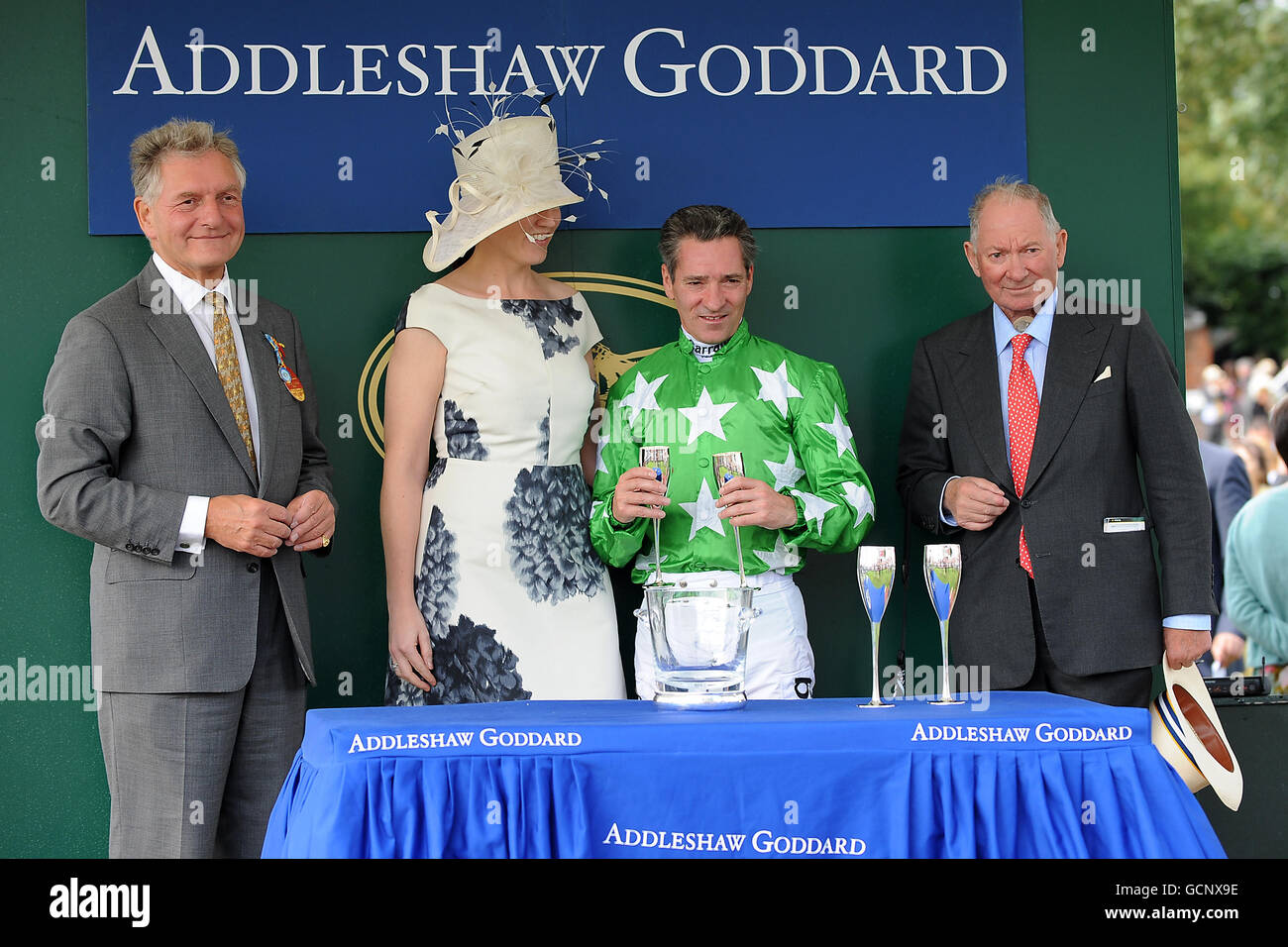 Horse Racing - Yorkshire Ebor Festival - Darley Yorkshire Oaks and Ladies Day - York Racecourse. Jockey Michael Hills (3rd left) after winning the Addleshaw Goddard Stakes on Ransom Note Stock Photo
