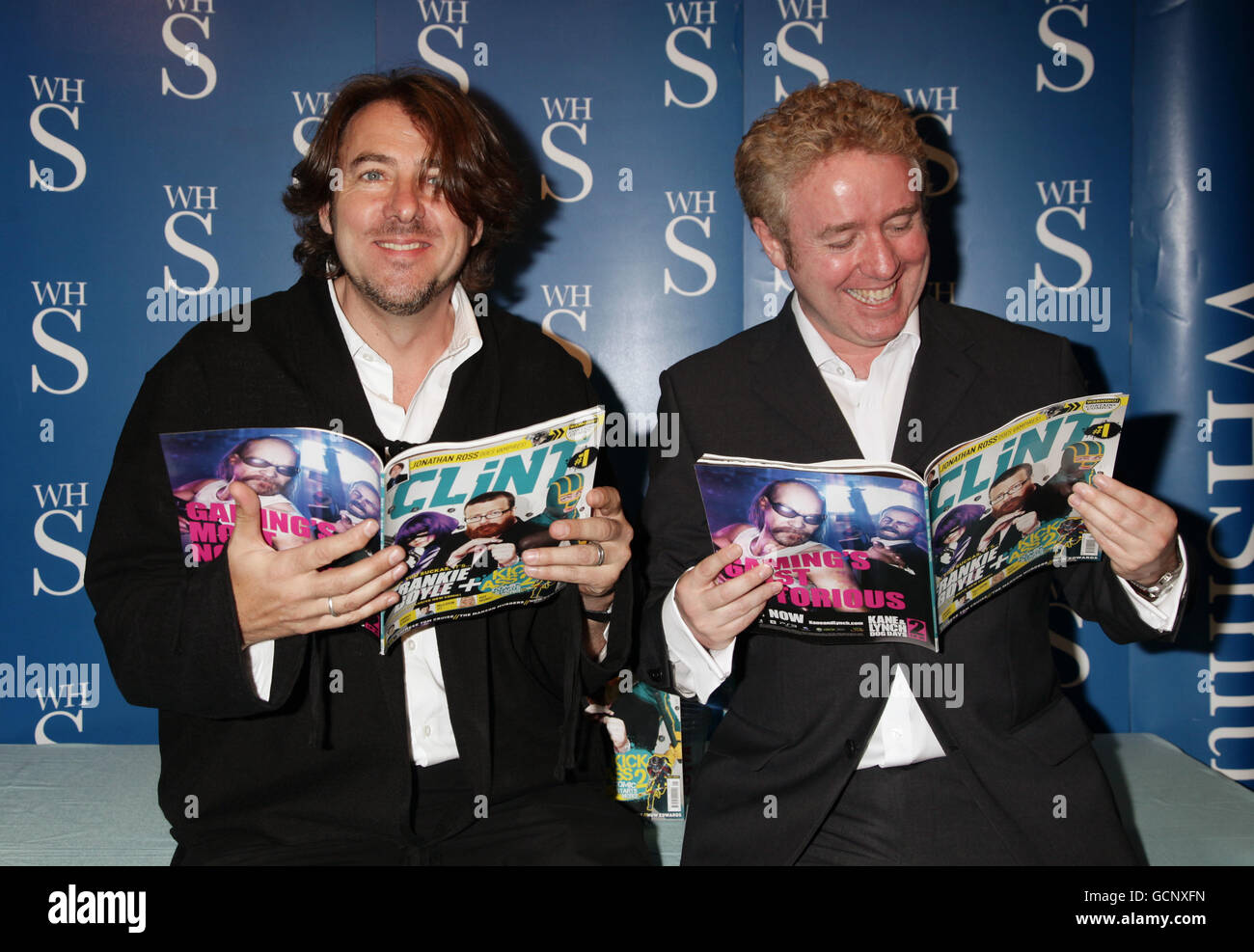 Comic book writer Mark Millar (right) and Jonathan Ross at a photocall and signing session to launch CLiNT magazine, at WHSmiths in Victoria Station, central London. Stock Photo