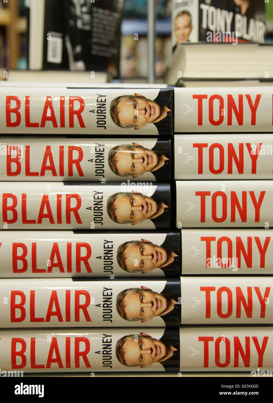 Copies of former Prime Minister Tony Blair's autobiography 'A Journey' at WHSmiths in London Victoria Station, central London. Blair's memoirs have broken sales records after a 'stupendous' launch day, booksellers said today. Stock Photo