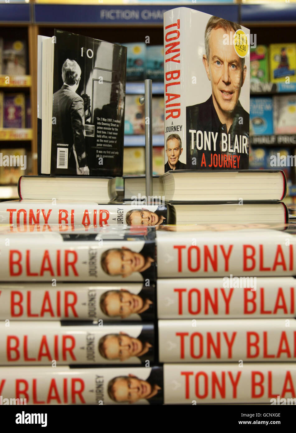 Copies of former Prime Minister Tony Blair's autobiography 'A Journey' at WHSmiths in London Victoria Station, central London. Blair's memoirs have broken sales records after a 'stupendous' launch day, booksellers said today. Stock Photo