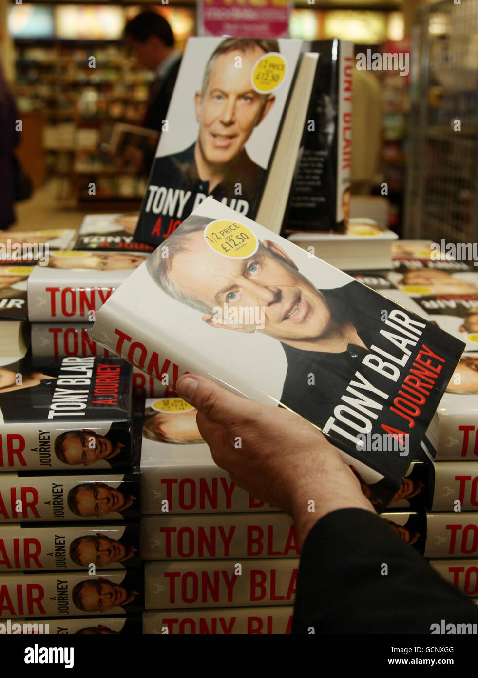 Copies of former Prime Minister Tony Blair's autobiography 'A Journey' at WHSmiths in London Victoria Station, central London. Blair's memoirs have broken sales records after a 'stupendous' launch day, booksellers said today. Stock Photo