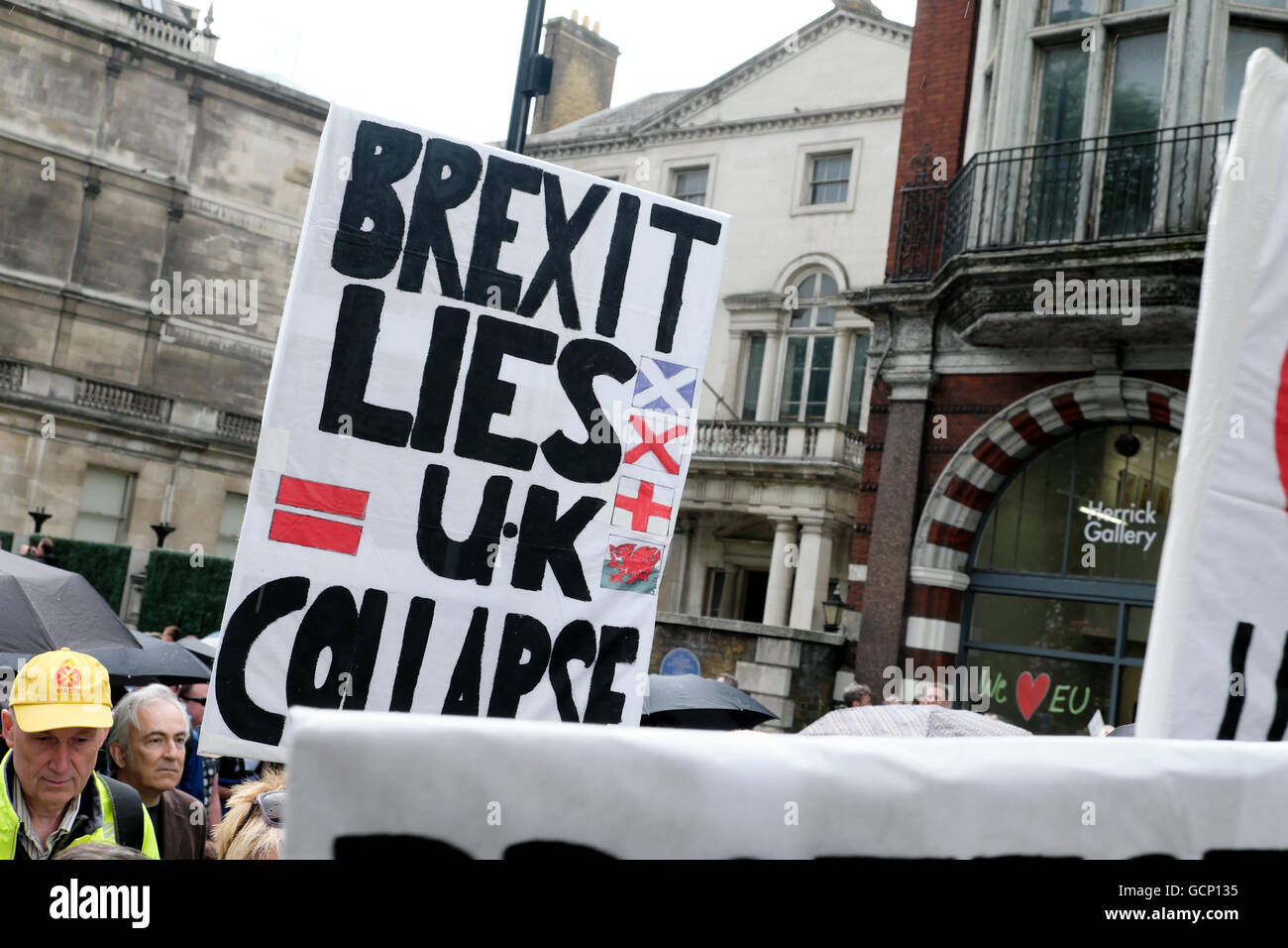 Brexit Lies UK Collapse poster at the Anti Brexit demo 'March for Europe' on 2nd July 2016  in London England  KATHY DEWITT Stock Photo