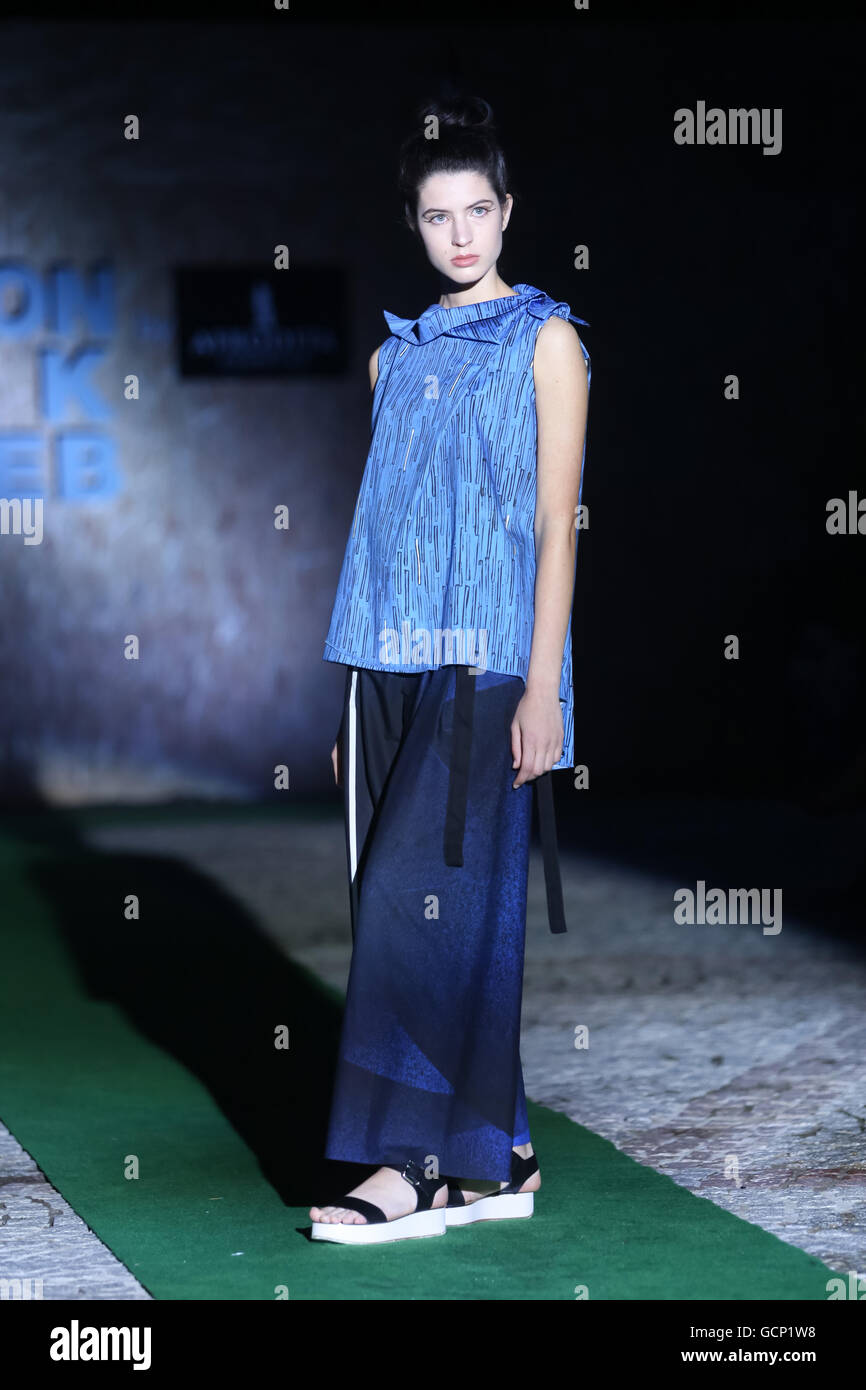 Model wearing clothes designed by Stolnik on the Fashion Week Zagreb fashion show Stock Photo