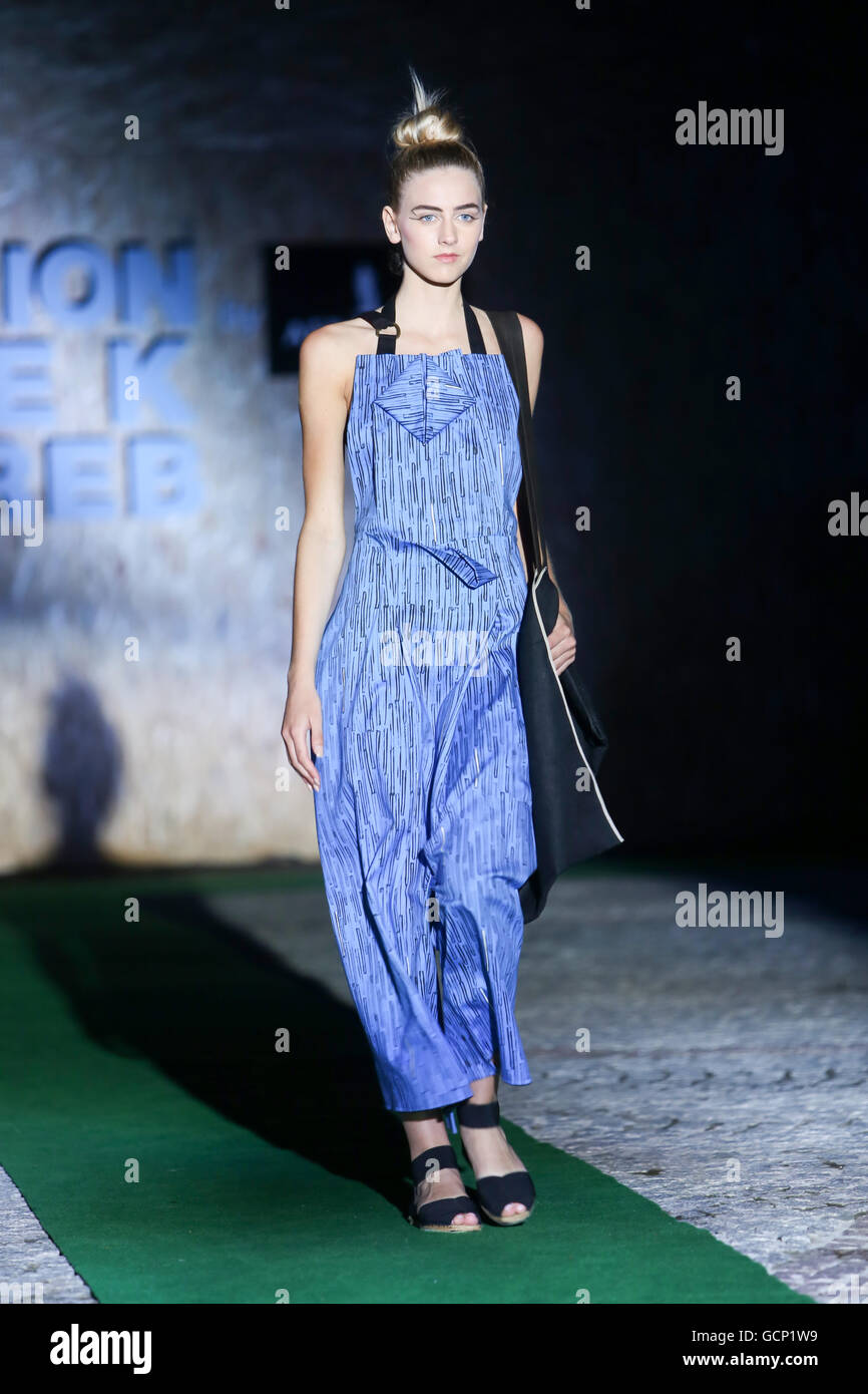 Model wearing clothes designed by Stolnik on the Fashion Week Zagreb fashion show Stock Photo