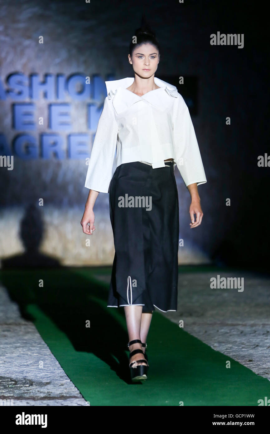 Model wearing clothes designed by Stolnik on the Fashion Week Zagreb fashion show Stock Photo