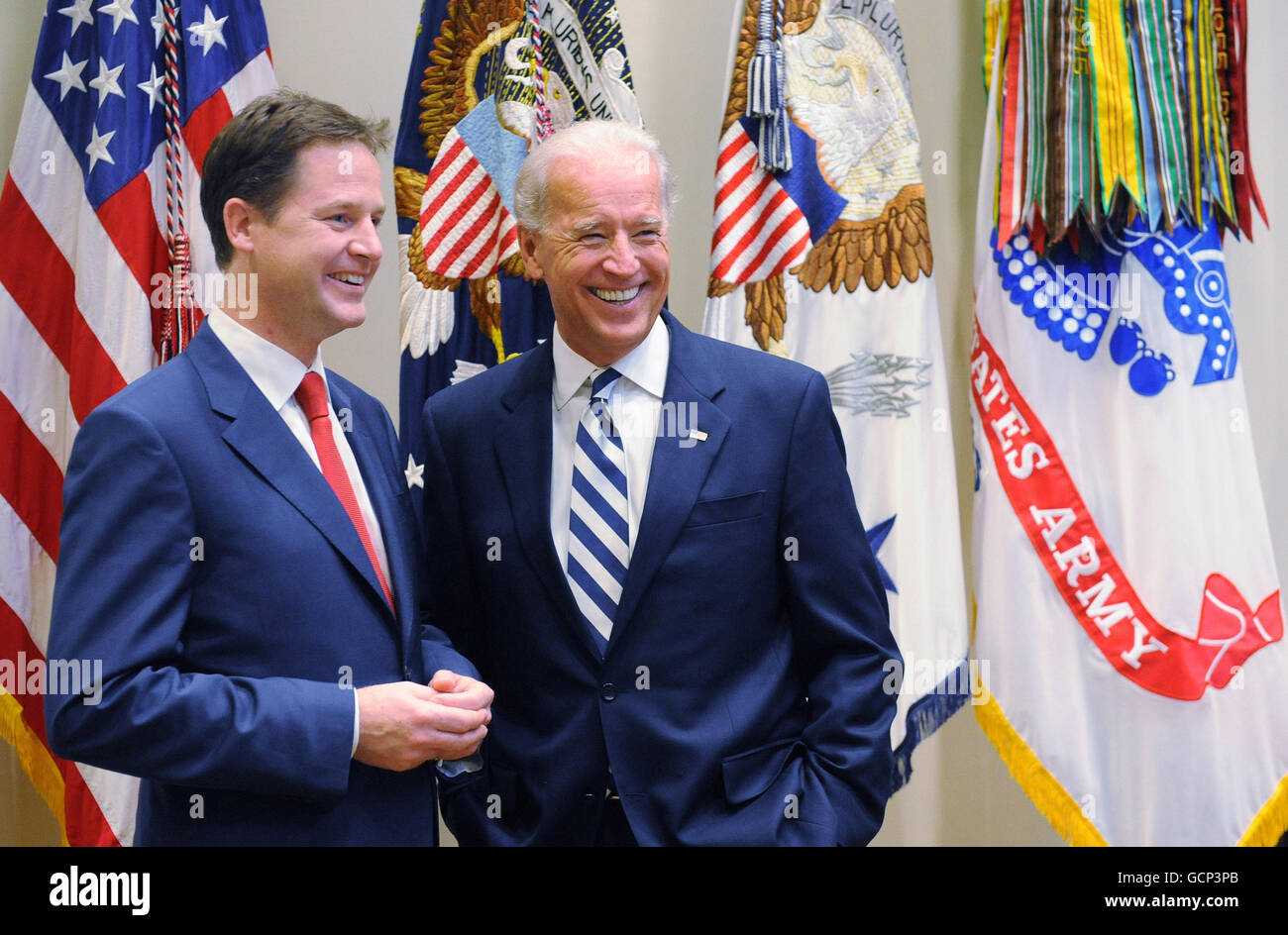 Deputy Prime Minister Nick Clegg meets with US Vice President Joe Biden (right) at the White House, Washington, United States, where they had lunch together. Stock Photo