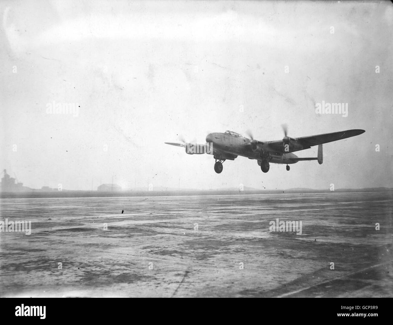 The Lancastrian airliner 'Starlight' made a proving flight on January 1st 1946 from Britain's 20,000,000 pound civilian aerodrome at Heath Row preparatory to the inauguration of a regular freight and passenger service to South America. Picture Shows - The Lancastrian aircraft 'Starlight' taking off from Heath Row aerodrome this morning, for South America. Stock Photo