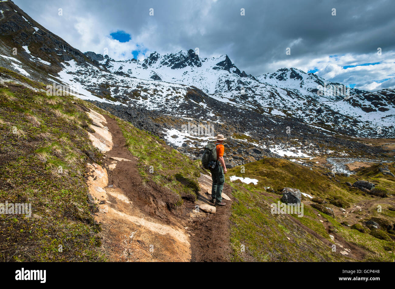 Man hikes the Reed Lakes Trail in Archangel Valley, Talkeetna Mountains