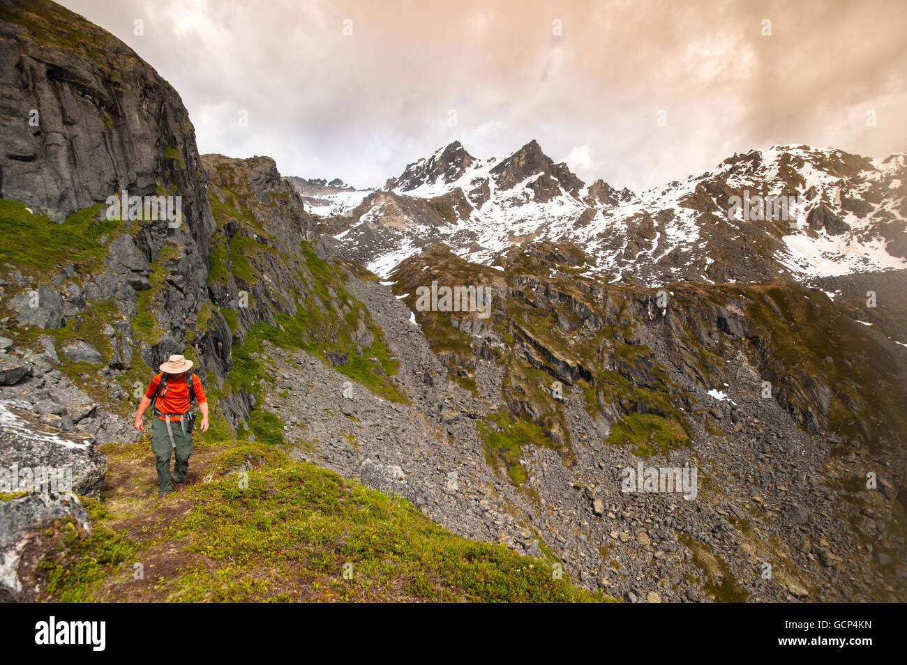 Man hikes the Reed Lakes Trail in Archangel Valley, Talkeetna Mountains