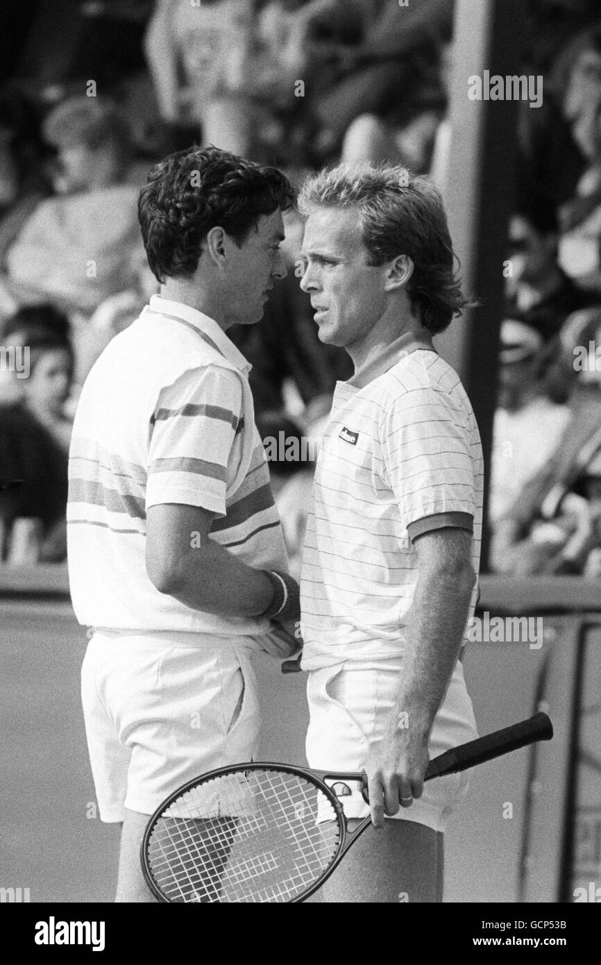 Doubles partner Colin Dowdeswell (left) and John Lloyd congratulate each other after Britain took a 2-1 lead over Israel in the European Zone Davis Cup. Stock Photo