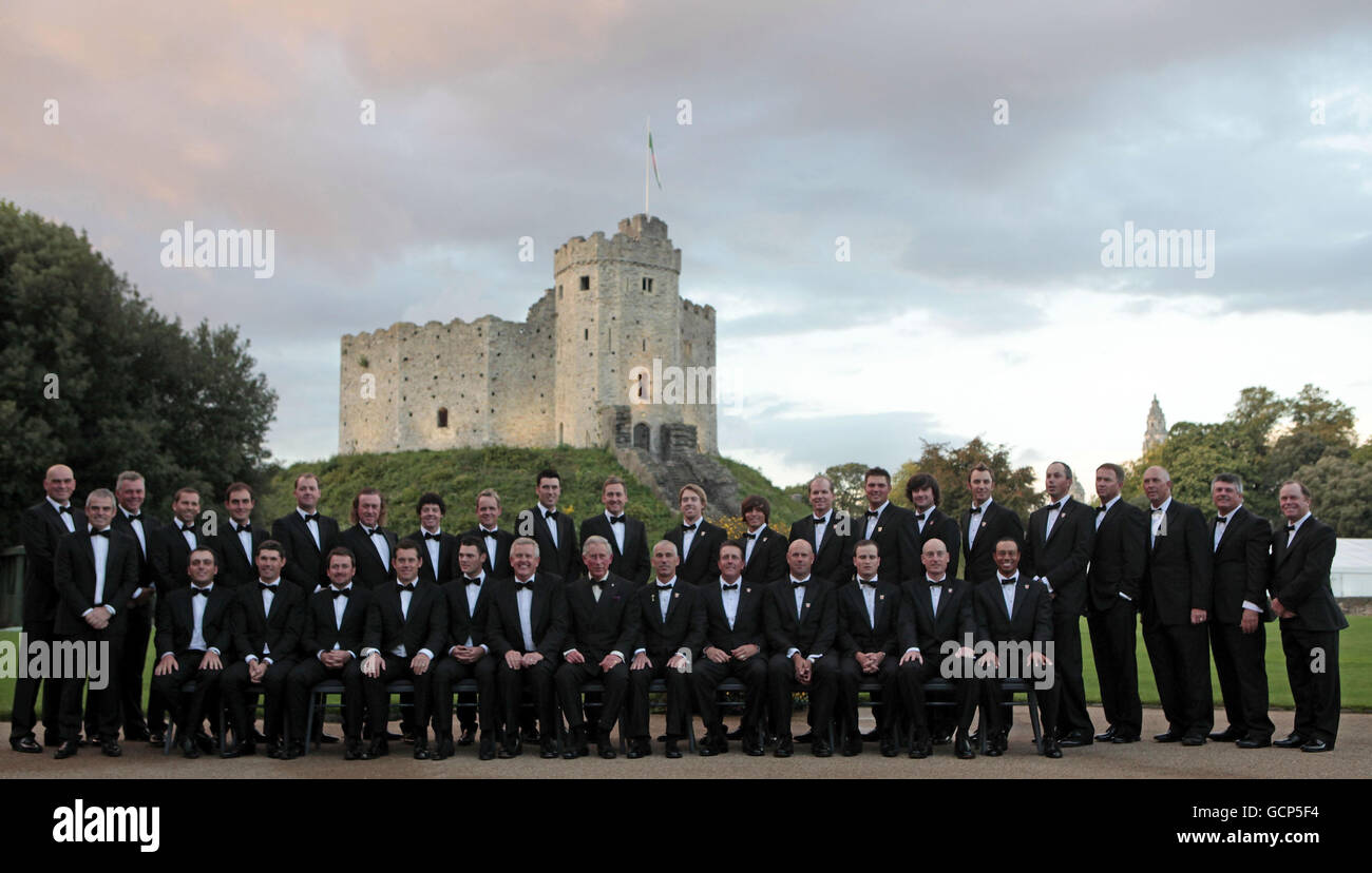 The Prince of Wales poses for a group photograph with the European and American Ryder Cup teams at the Welcome to Wales 2010 Ryder Cup dinner at Cardiff Castle, Cardiff, south Wales, ahead of the Ryder Cup. Stock Photo