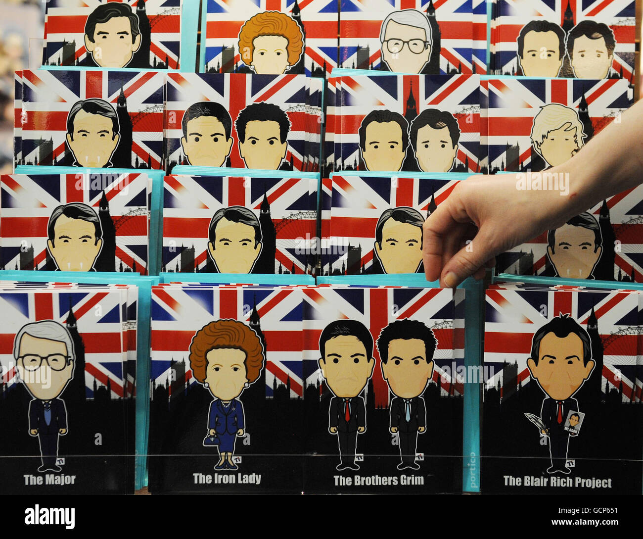Greeting cards depicting former members of the government go on sale at the Conservative Party annual conference in Birmingham. Stock Photo