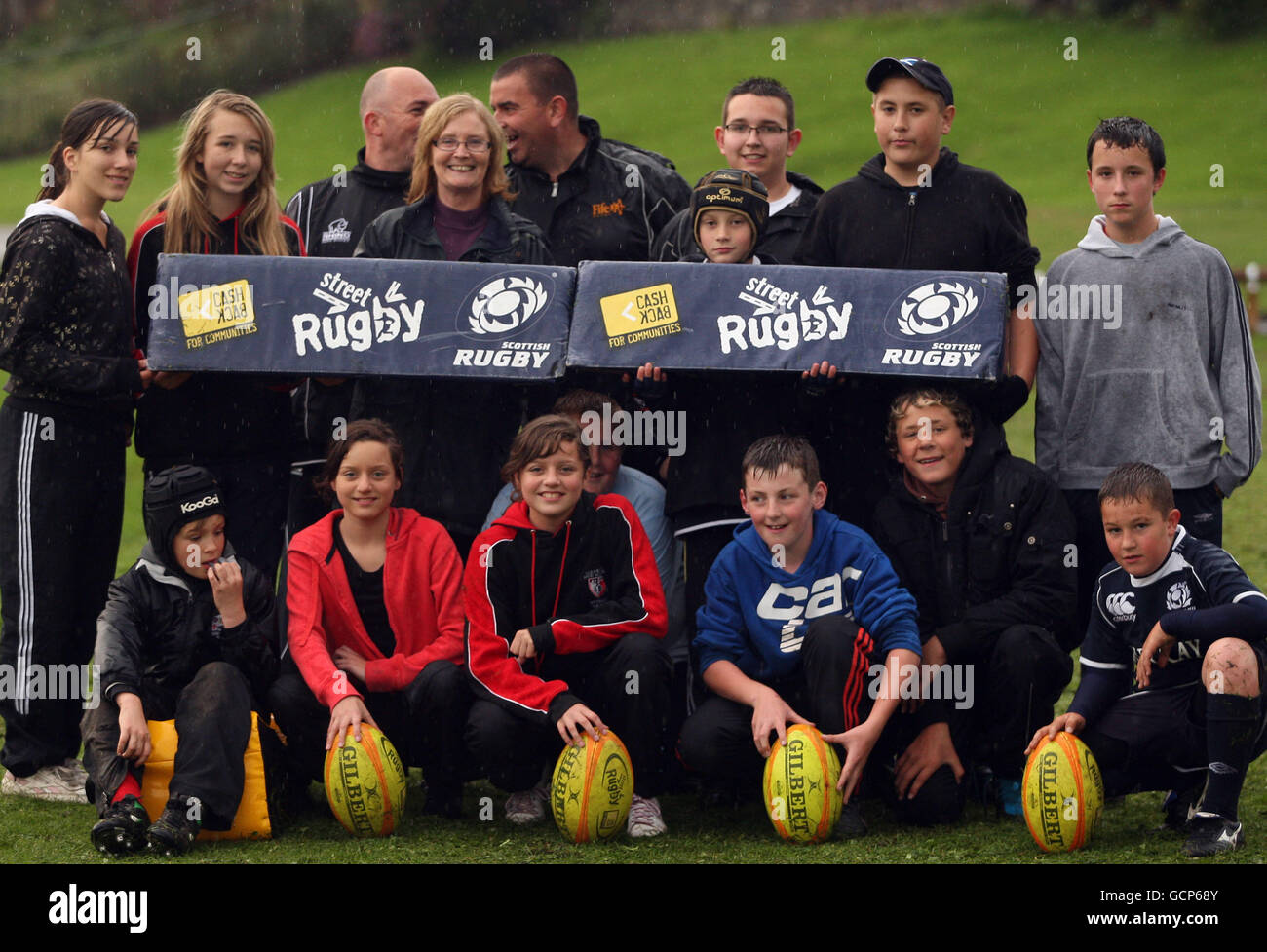 Rugby Union - G4S Street Rugby Event - Sports Area. MSP Tricia Marwick with Leslie Street Rugby club during the G4S Street Rugby event at the Sports Area, Fife. Stock Photo