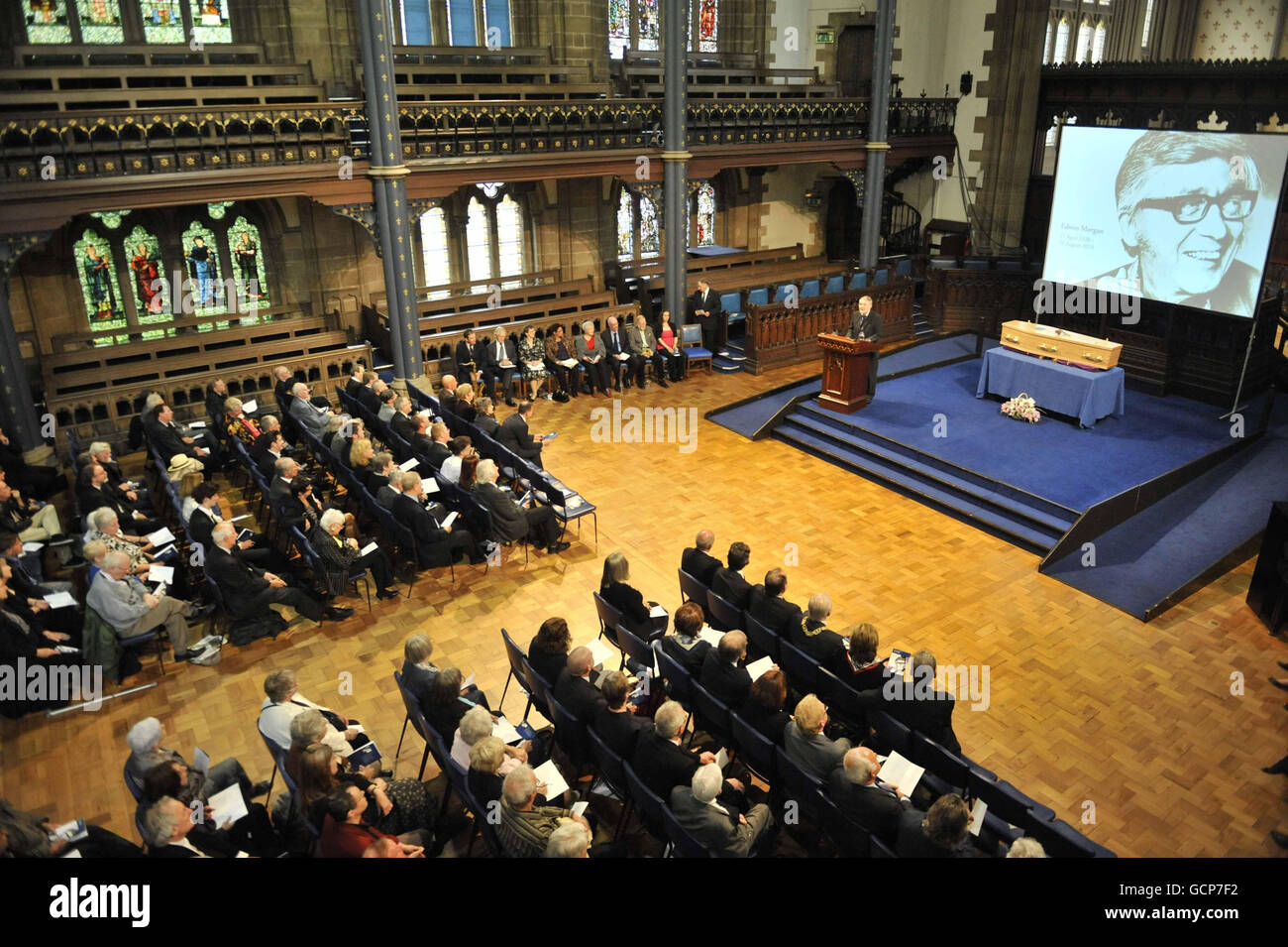 A general view of the funeral service for Edwin Morgan, Scotland's first national poet, in Bute Hall at the University of Glasgow. Stock Photo
