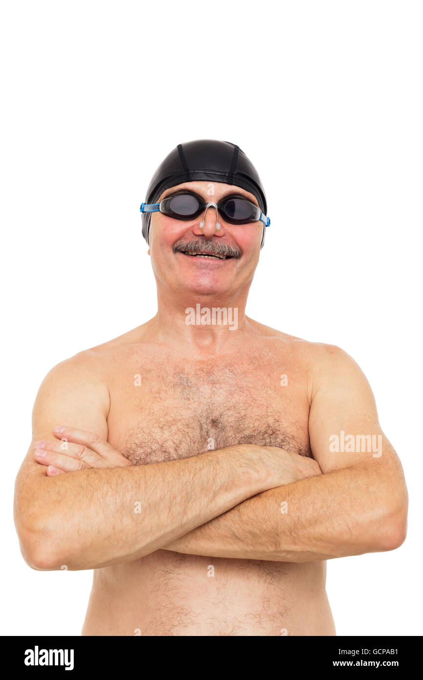 Preparing to swim: an elderly man swims to maintain physical form Stock Photo