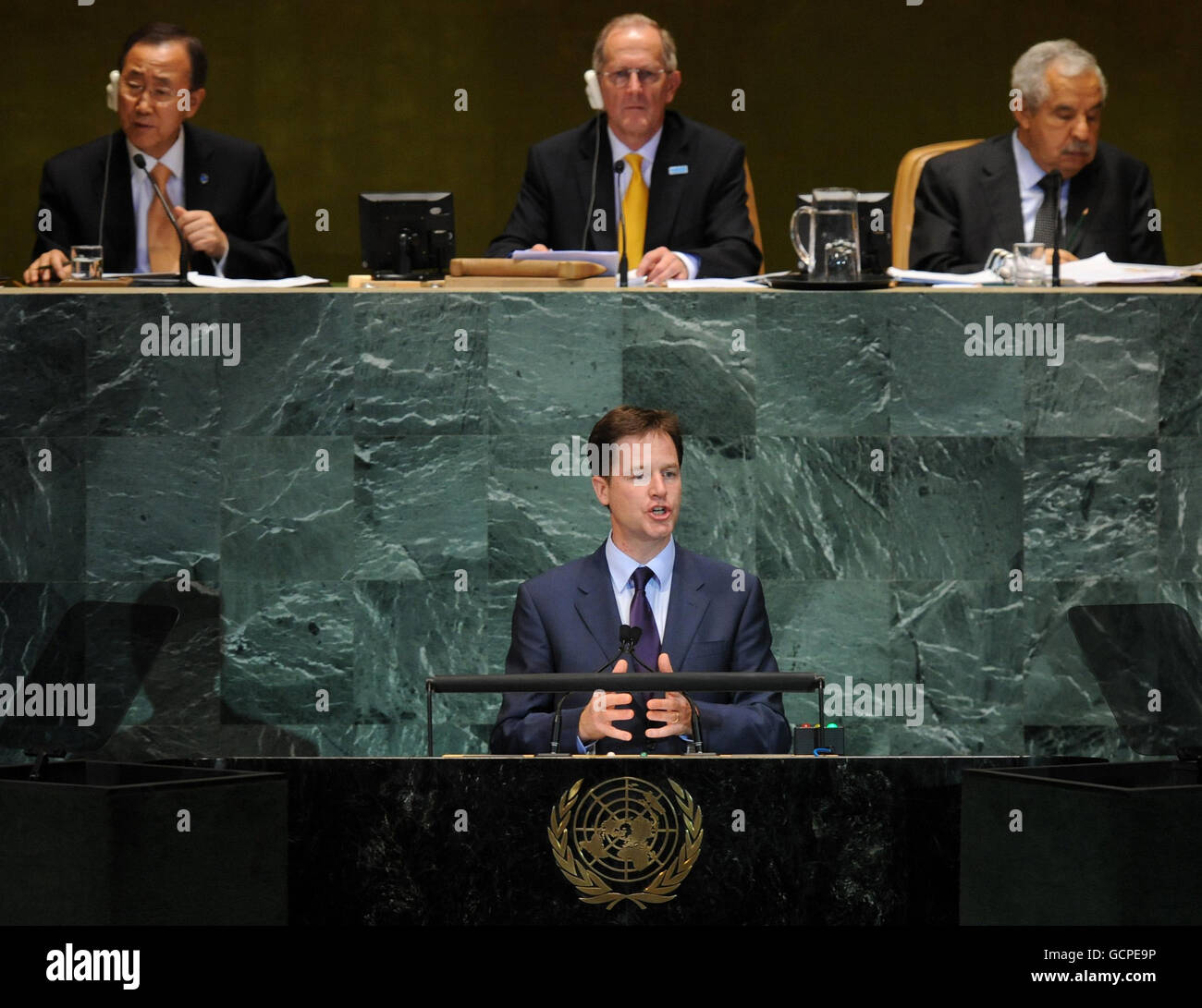 Deputy Prime Minister Nick Clegg addresses the UN Millennium Development Goals Summit at the United Nations General Assembly in New York today. Stock Photo