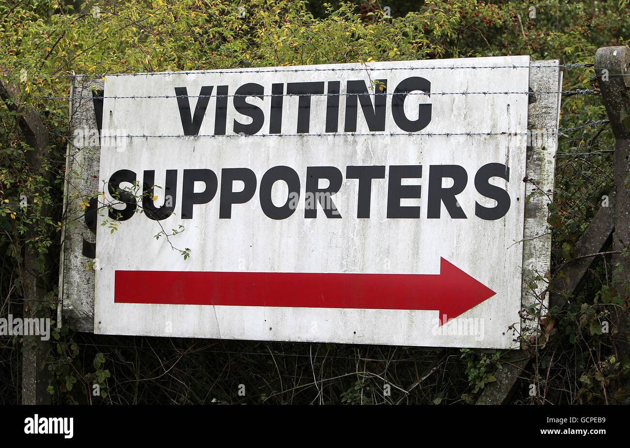 General view of a visiting supporters sign at Glanford Park, home to Scunthorpe United Stock Photo