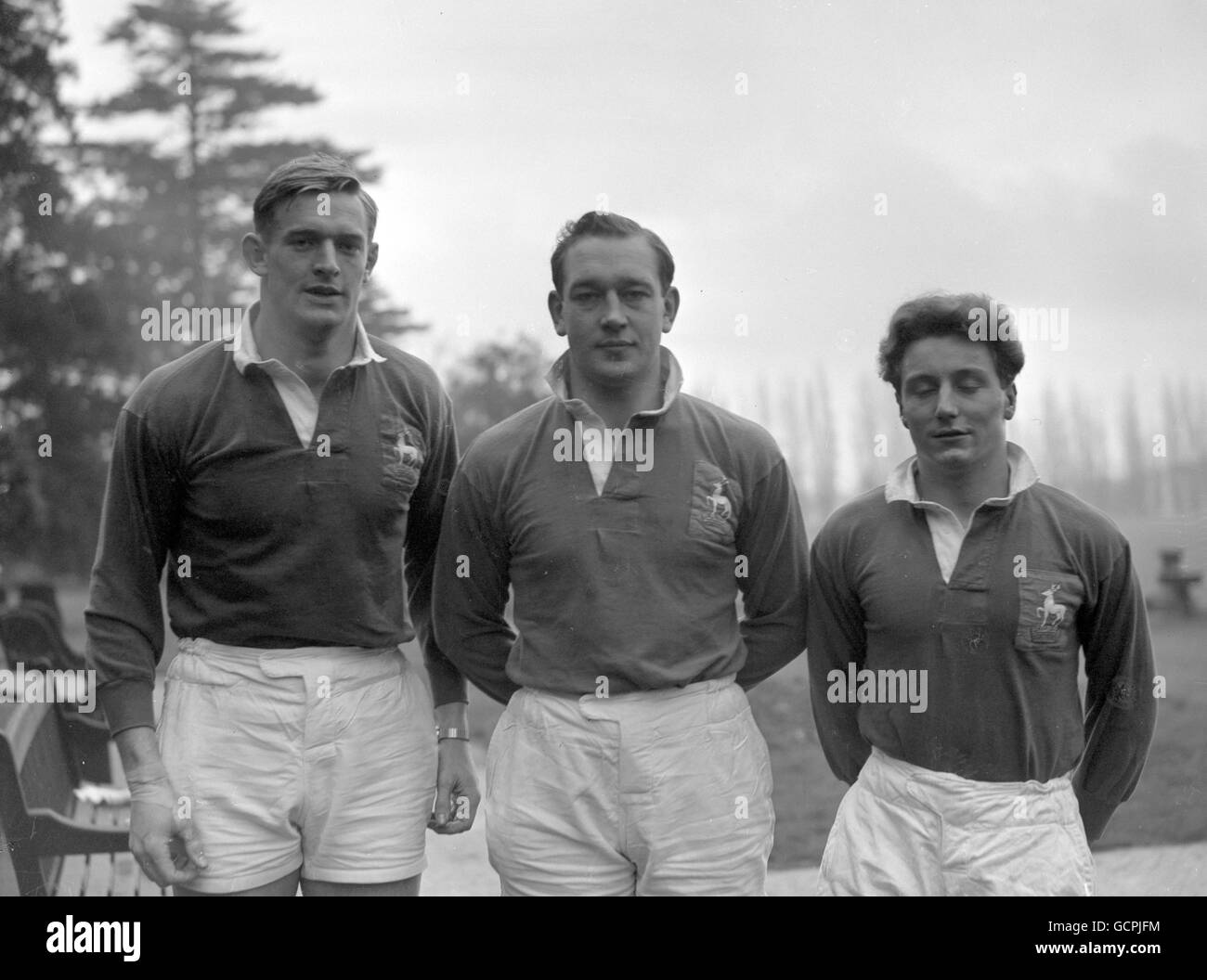Reginald William David Marques (Harlequins), L H Webb (first names unknown - Bedford) and E J Croker (first names unknown - Richmond), playing for Herts Rugby. Stock Photo