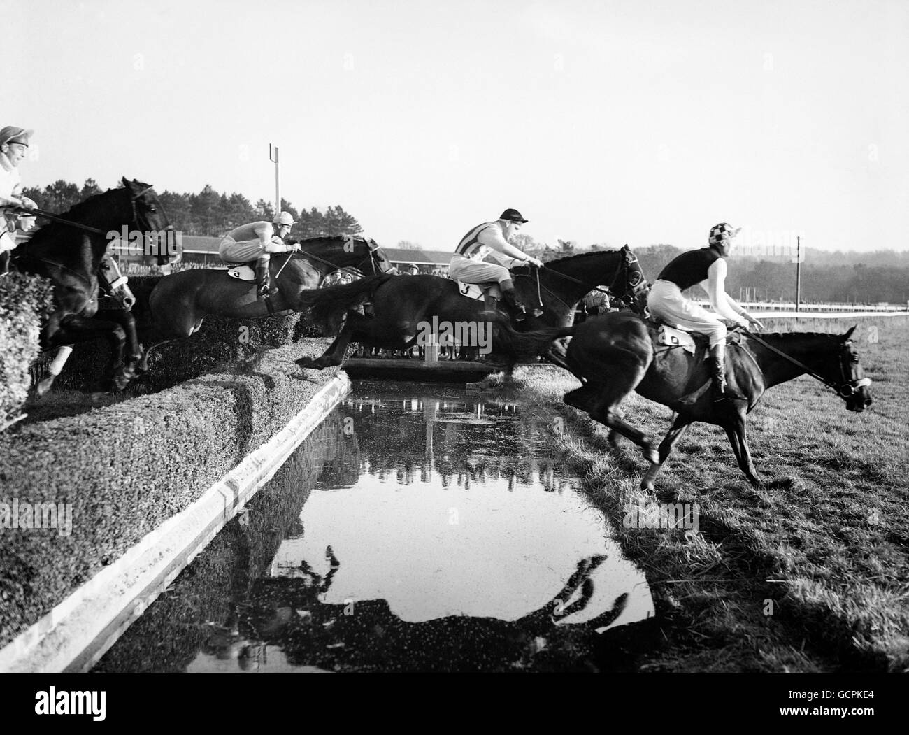 Horse Racing - Blindley Heath Steeplechase - Lingfield. The winner Mr. M.H. Lait's 'The Bell' leads followed by 'Birds Nest' and 'Never SayWhen'. Stock Photo