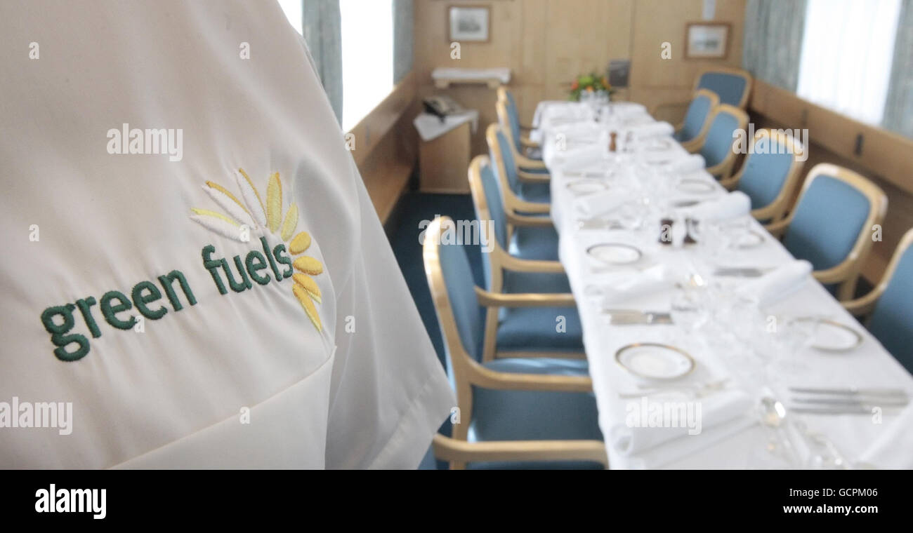 The dining room aboard the bio-fuel powered Royal Train that will take the Prince of Wales on a tour of Britain to promote his sustainable living initiative START. Stock Photo