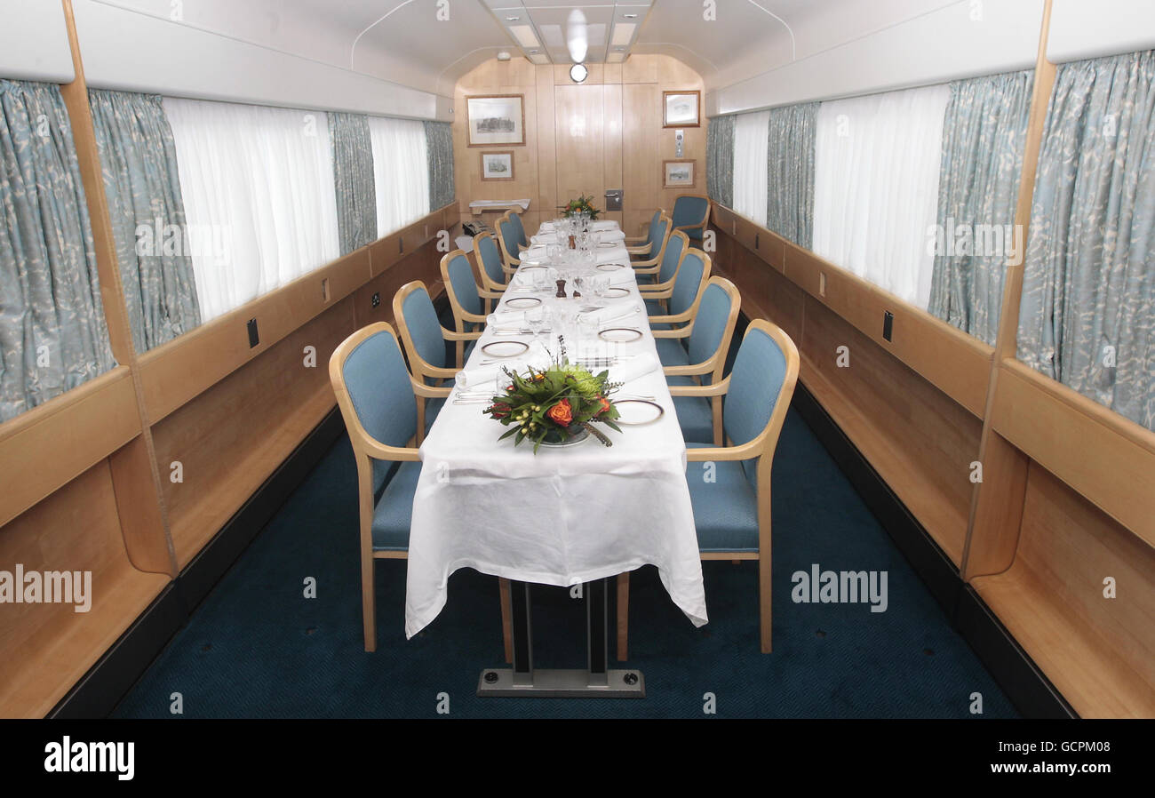The dining room aboard the bio-fuel powered Royal Train that will take the Prince of Wales on a tour of Britain to promote his sustainable living initiative START. Stock Photo