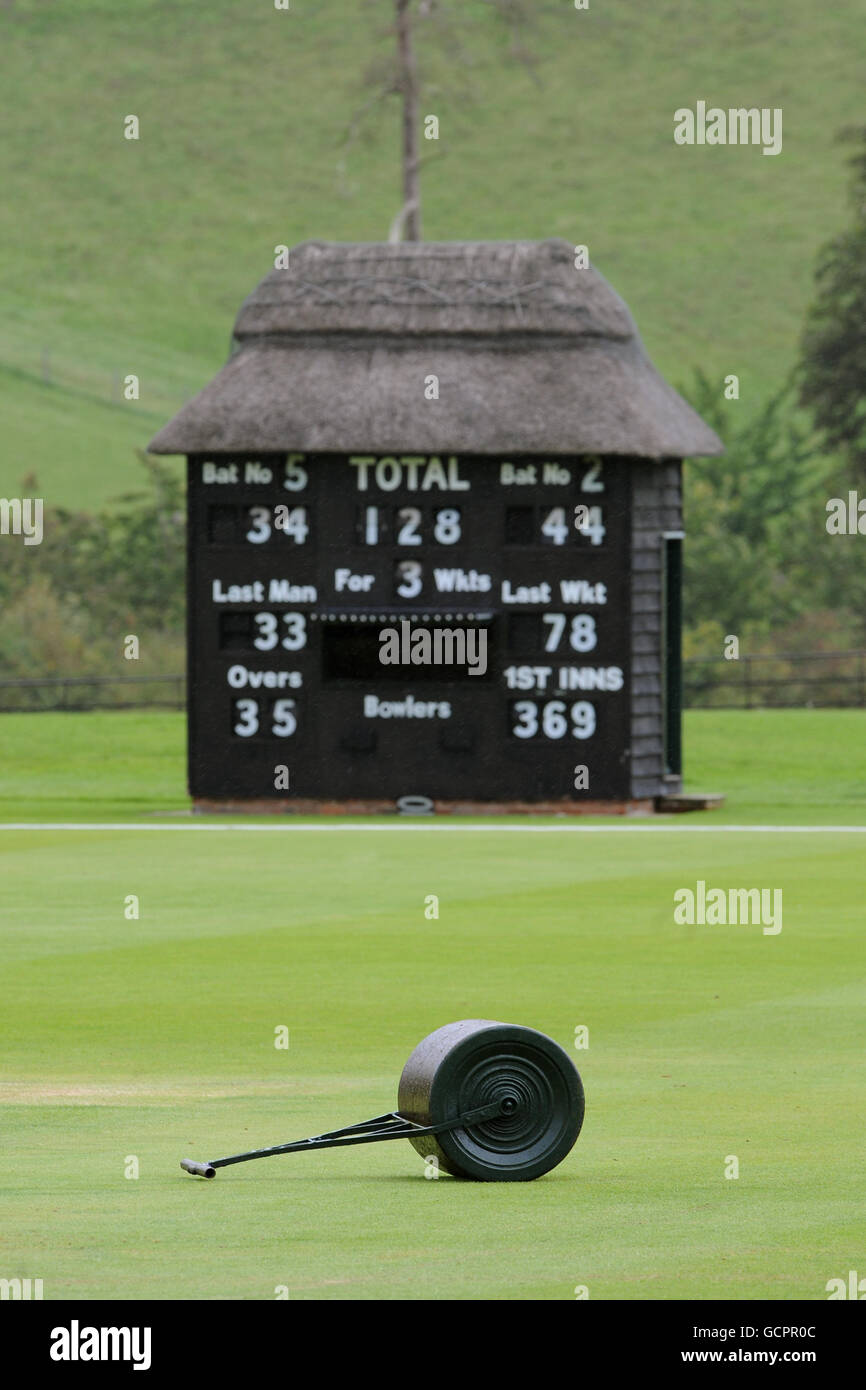 Cricket - Second XI Championship - Final - Day Four - Surrey 2nd XI v Warwickshire 2nd XI - Wormsley Cricket Ground. General view of a roller lying on the pitch in front of the scorer's hut Stock Photo