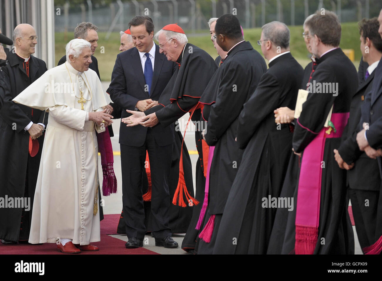 Pope Benedict XVI and Prime Minister greet UK VIP guests during a departure ceremony at Birmingham International Airport on the last day of his State visit to the UK. Stock Photo