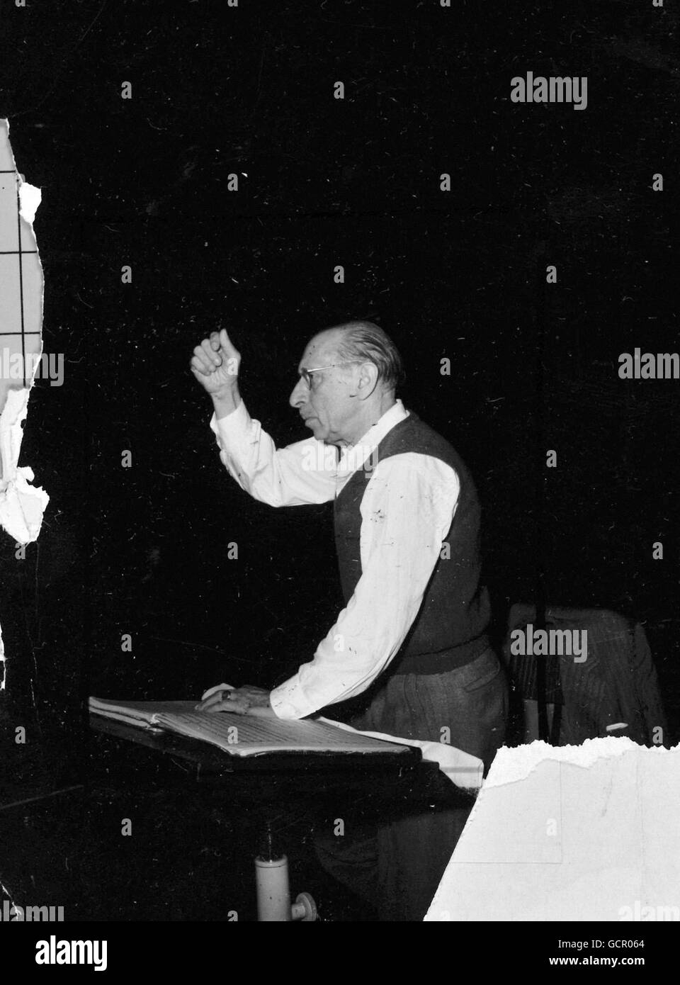 Russian-born composer Igor Stravinsky, who died in New York on April 6th 1971 aged 88, is pictured as he rehearsed the Royal Philharmonic Orchestra at the Royal Festival Hall, London, for a concert of his own works in Circa Date 1954. Stock Photo