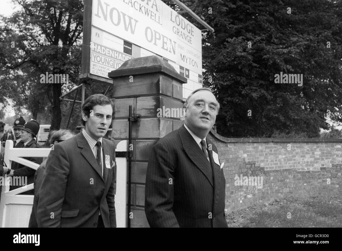 William Whitelaw, right, Northern Ireland Secretary, takes a pre-conference stroll outside the Blackwell Grance Hotel in Darlington. Stock Photo