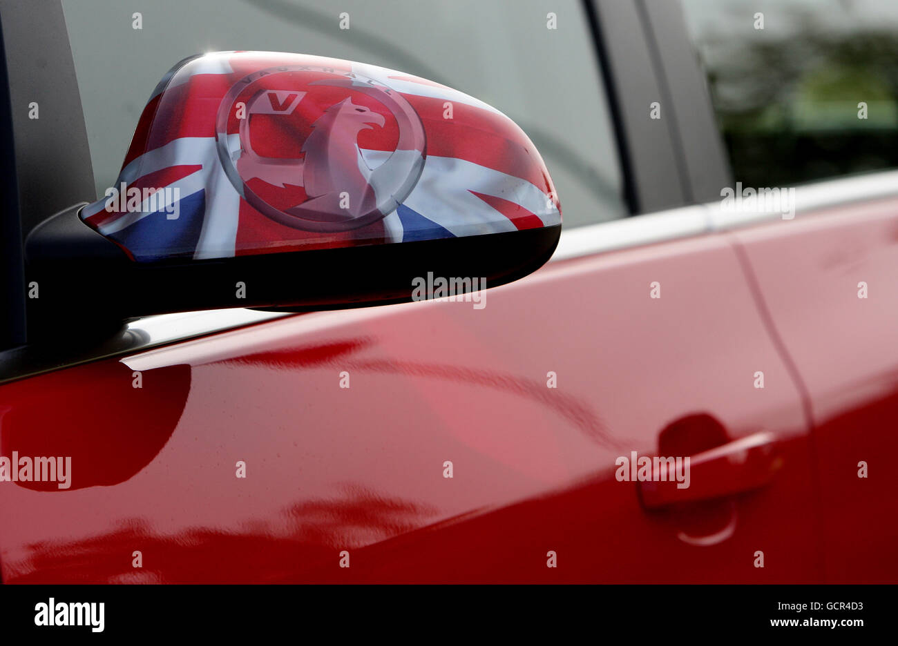 A general view of the wing mirror of a car at Vauxhall Motors in Ellesmere Port, Merseyside. Stock Photo