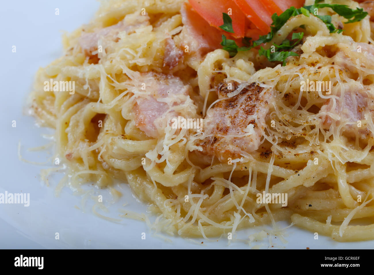 Spaghetti carbonara with pork, cheese and parsley Stock Photo Alamy