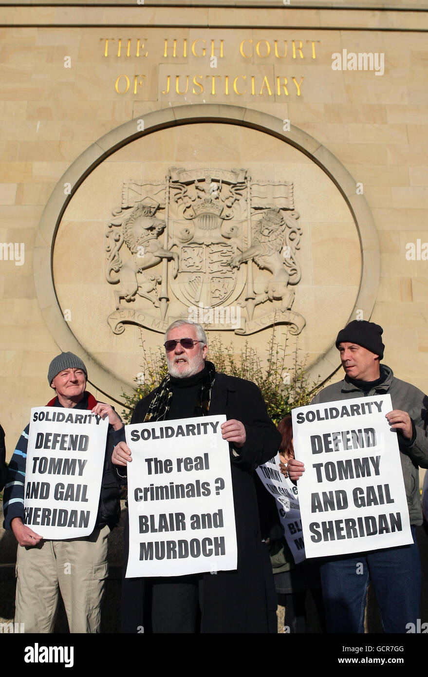 RETRANSMITTED CORRECTING LOCATION Supporters of former Socialist MSP Tommy Sheridan and his wife Gail outside High Court in Glasgow where they will go on trial accused of perjury. Stock Photo