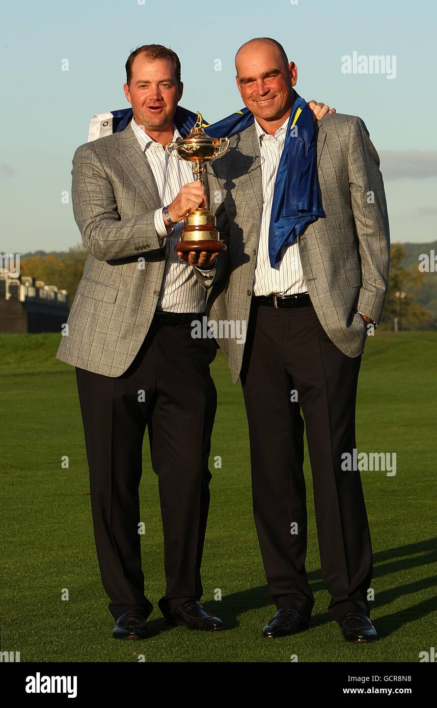 Europe vice captain thomas bjorn peter hanson celebrate ryder cup