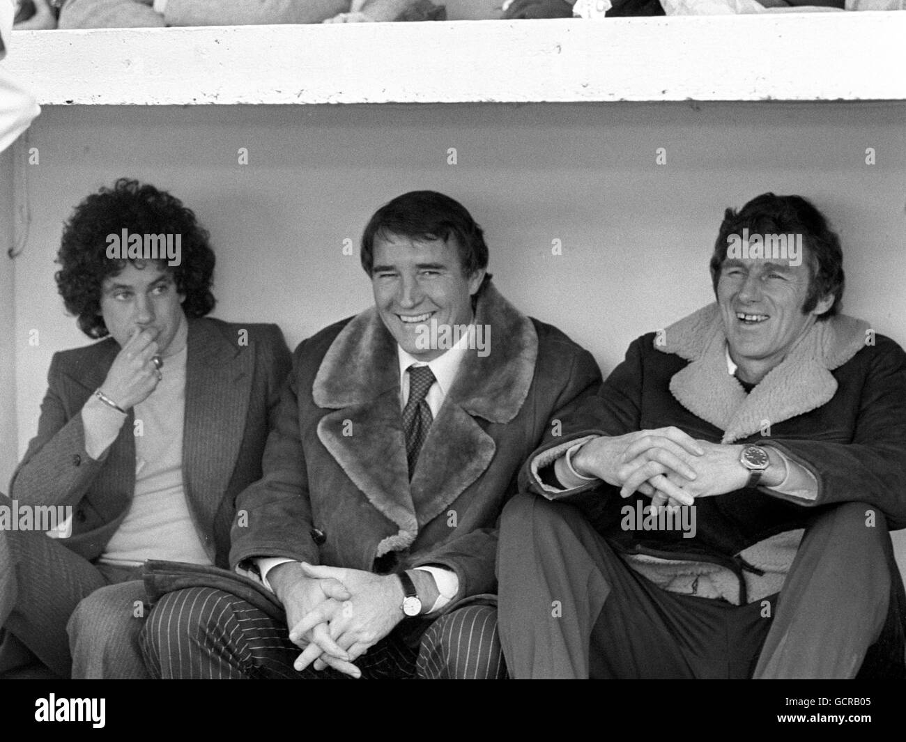 Soccer - League Division One - Tottenham Hotspur v Manchester City - White Hart Lane. Malcolm Allison, assistant manager of Manchester City, centre, with manager Tony Book, right, looking pleased as City beat Spurs 3-0. Stock Photo