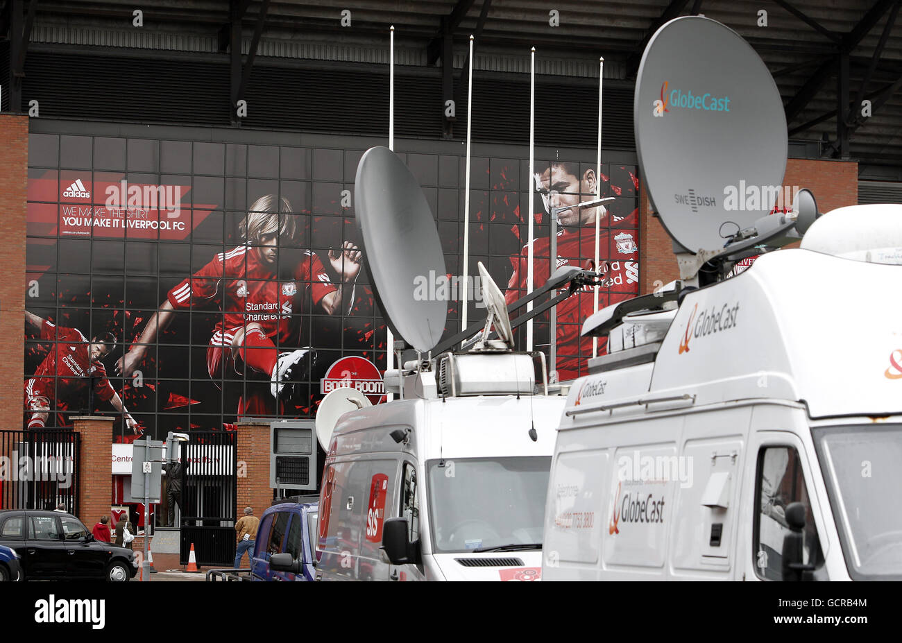 Soccer - Barclays Premier League - Liverpool Takeover - Anfield. Satellite trucks outside Anfield Stadium awaiting a decision on Liverpool football clubs future, Liverpool. Stock Photo