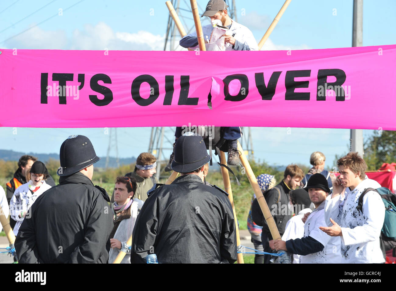 Climate protesters block the road to Coryton oil refinery, at Stanford le Hope. Stock Photo